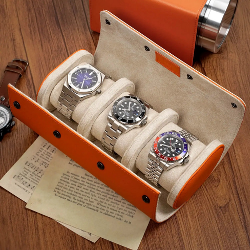 حقيبة سفر ملفوفة لتنظيم وتخزين الساعات - برتقالي (3 فتحات)