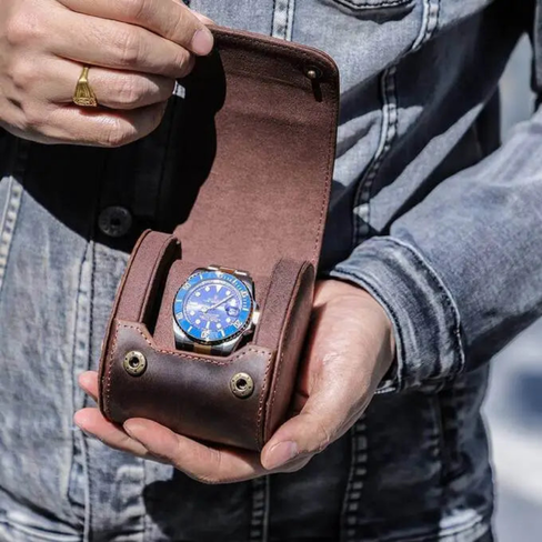 حقيبة سفر لحفظ الساعات على شكل بيضاوي مصنوعة من الجلد الطبيعي - فتحة واحدة