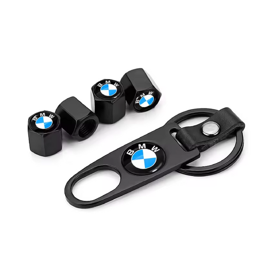 أغطية صمامات إطارات BMW مع سلسلة مفاتيح تحمل الشعار - مجموعة زينة من 4 قطع