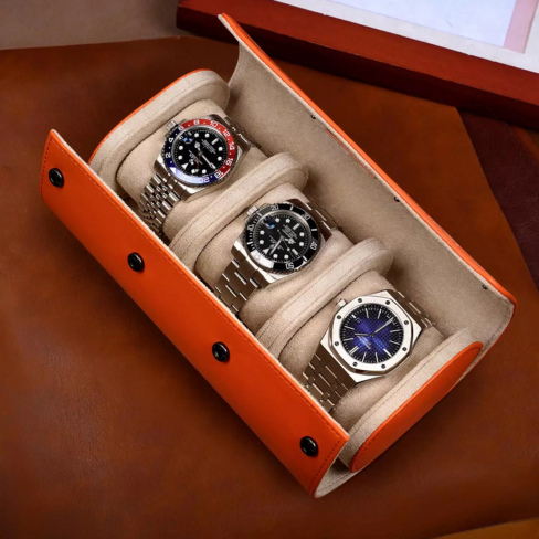 حقيبة سفر MOZSLY لحفظ الساعات - طبعات برتقالية كلاسيكية (3 فتحات) 