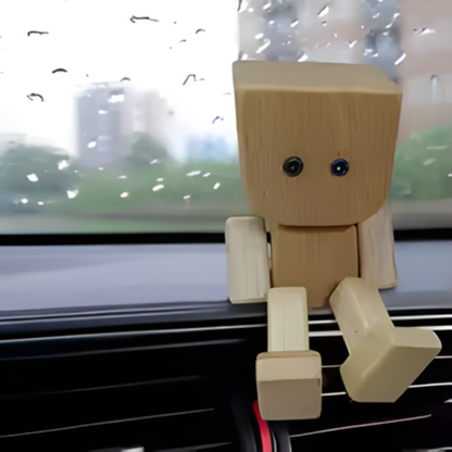 تمثال رجل خشبي مرح يهتز لتزيين لوحة القيادة، دمية خشبية بأقدام تهتز مع غطاء كحامل معطر جو خشبي للسيارة