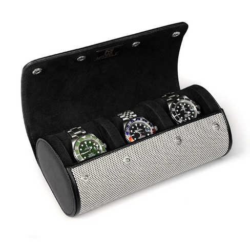 حافظة أنيقة لساعات السفر باللونين الأسود والأبيض - علبة من الجلد النباتي بثلاثة فتحات