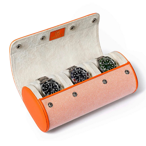 حافظة أنيقة لساعات السفر باللونين البرتقالي والأبيض - علبة من الجلد النباتي بثلاثة فتحات