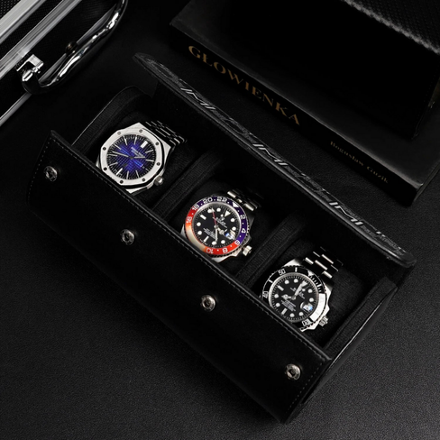 حقيبة سفر MOZSLY لحفظ الساعات - بنقوش سوداء كلاسيكية (3 فتحات)