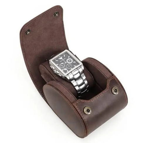 حقيبة سفر لحفظ الساعات على شكل بيضاوي مصنوعة من الجلد الطبيعي - فتحة واحدة